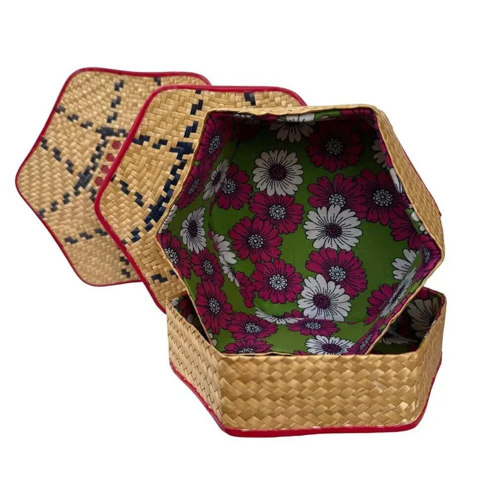 3 Piece Vintage Nesting Baskets With Lids Woven Sewing Storage Sweetgrass